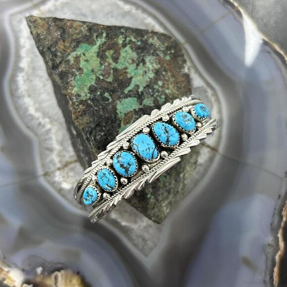 Anita Whitegoat Native American Sterling 7 Turquoise Row Bracelet For Women #1 - Picture 2 of 10